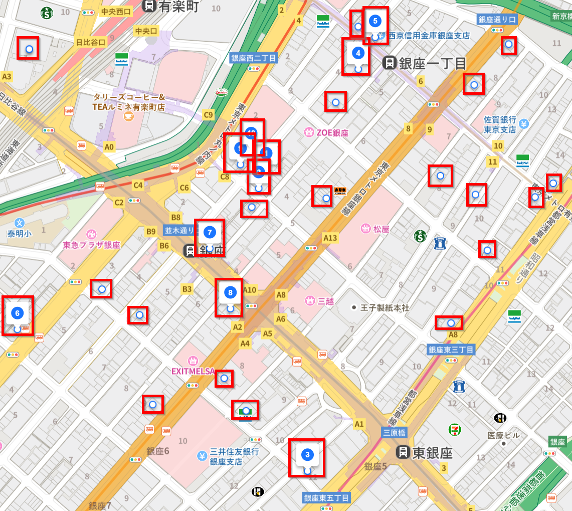 Map of same Ginza station area with dental clinics boxed